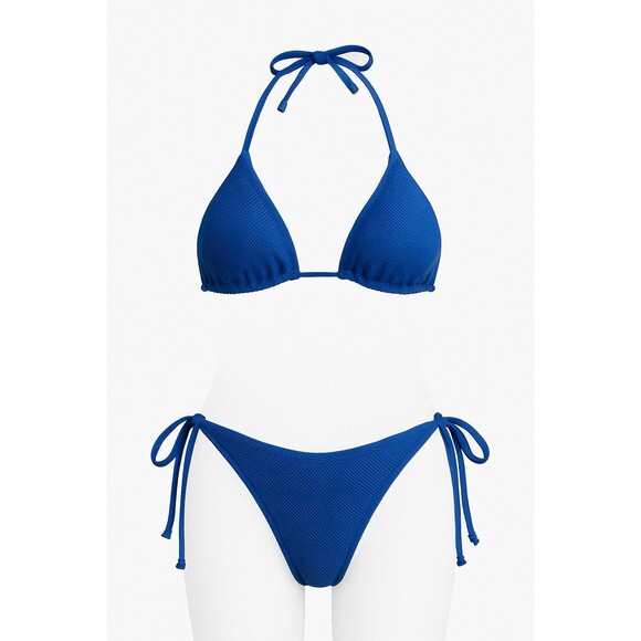 Catherine Fulmer Blue Mesh String Bikini Set XS Ruched Tie Side USA Swimwear - Picture 2 of 8